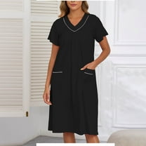 Fazvaoo Ladies Nightgowns 100%Cotton Short Sleeve V-Neck Pockets Short Long Nightgowns Loose Sleepwear(Black,Size S-XXL)