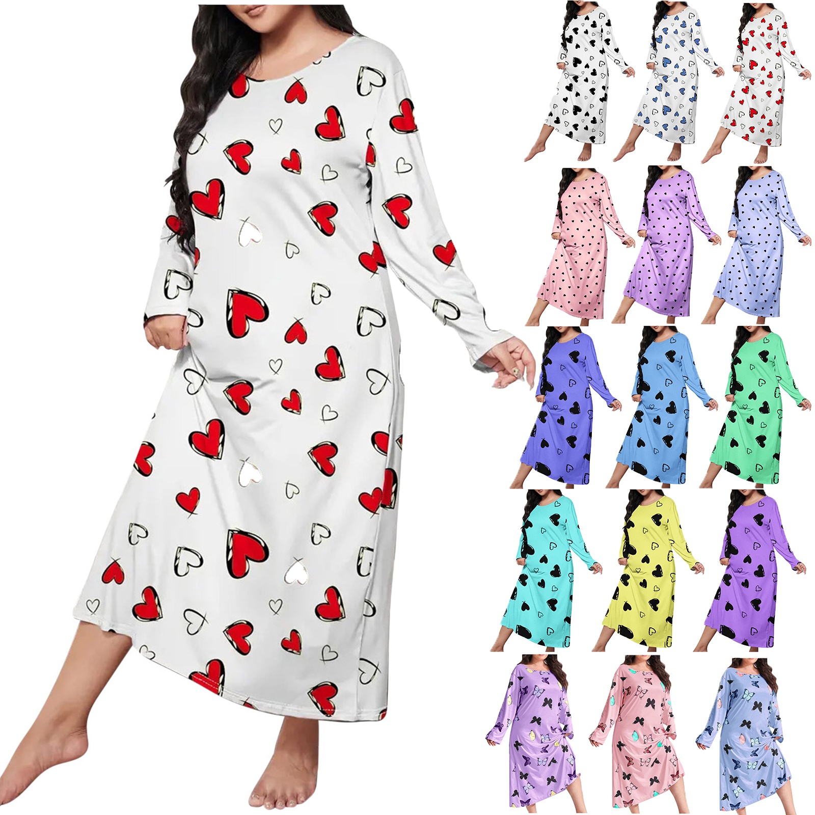 Ladies Nightgowns Long Sleeve Long Nightgowns Casual Nightdress(Blue,Size S-5XL)