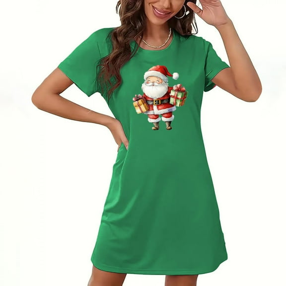 Fazvaoo Ladies Nightgowns Short Sleeve Short Nightdress Christmas Print Pajama(Green,Size S-XXL)