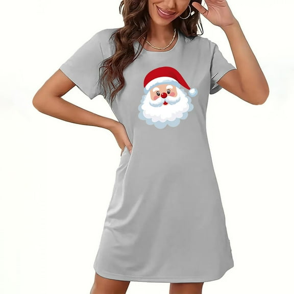 Fazvaoo Ladies Nightgowns Short Sleeve Short Nightgowns Christmas Print Sleepwear(Gray,Size S-XXL)