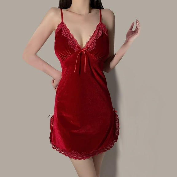 Fazvaoo Nightgowns for Women Chemises Velvet Short Nightgowns Plain Pajama(Red,Size M-XL)