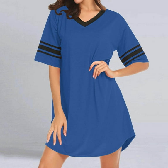 Fazvaoo Nightgowns for Women Short Sleeve V-Neck Short Sleepwear Fashion Spring Summer Casual Loose Comfortable Pajama(Blue,Size S-5XL)