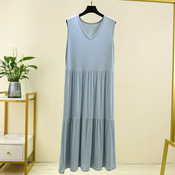 Fazvaoo Nightgowns for Women Sleeveless Pleated Front Long Nightgowns Fashion Casual Plain Nightdress(Blue,Size M-XXL)