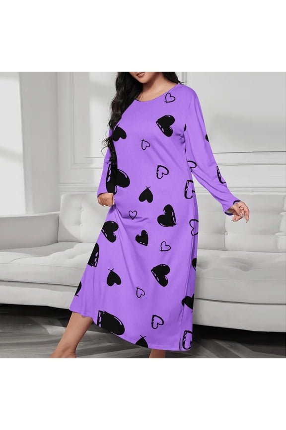 Plus Size Nightgowns Women Long Sleeve Long Nightgowns Casual Pajama(Purple,Size S-5XL)