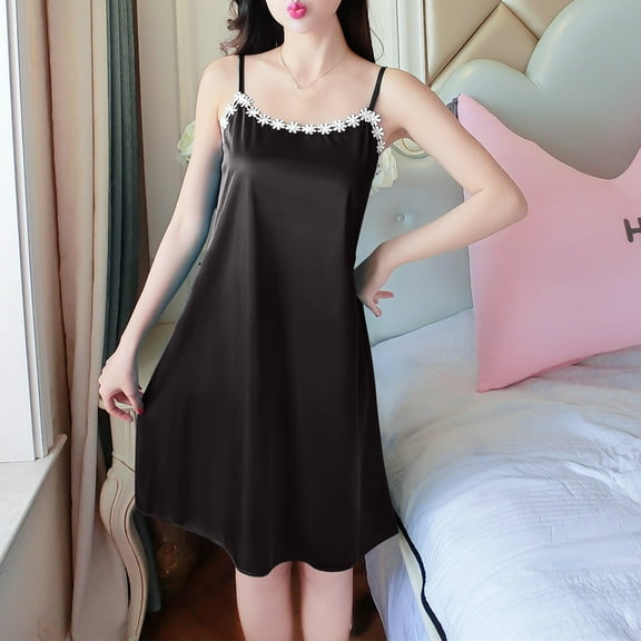 Fazvaoo Sleeveless Nightgowns for Women V-Neck Nightgowns Fashion Summer Casual Plain Nightdress(Black,0)