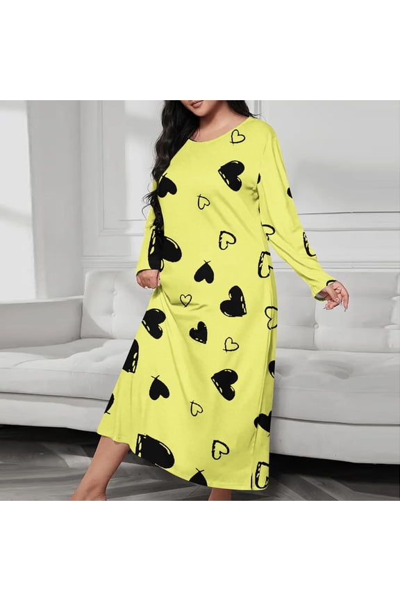 Women Nightgowns Long Sleeve Long Nightdress Casual Sleepwear(Yellow,Size S-5XL)
