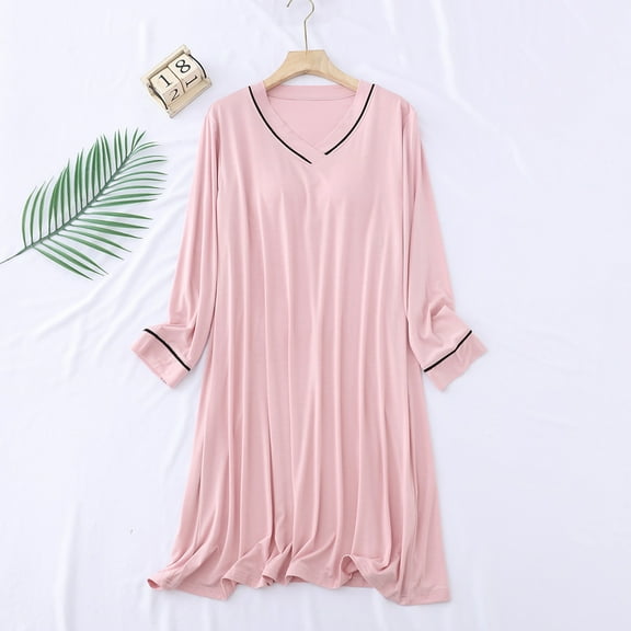 Fazvaoo Women Nightgowns Long Sleeve V-Neck Sleepwear Casual Loose Soft Plain Pajama(Pink,Size M-XXL)