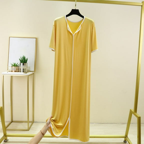 Fazvaoo Women Nightgowns Short Sleeve V-Neck Nightdress Loose Comfortable Plain Pajama(Yellow,Size M-L)