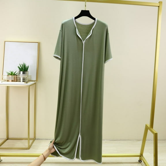 Fazvaoo Women Nightgowns Short Sleeve V-Neck Sleepwear Loose Comfortable Plain Nightdress(Green,Size M-L)