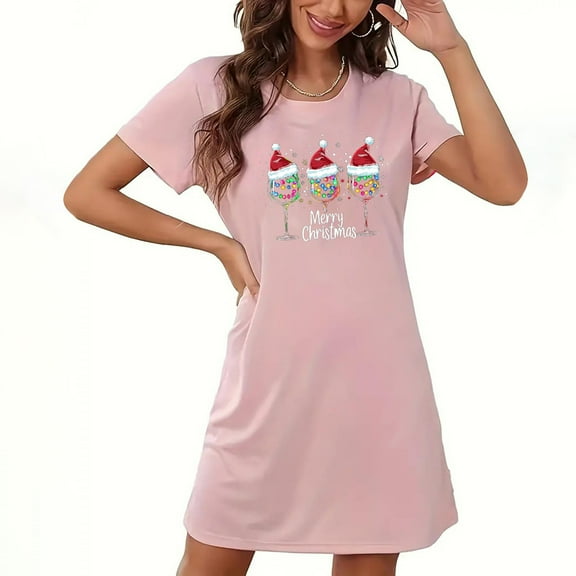 Fazvaoo Women's Nightgowns Short Sleeve Short Nightdress Christmas Print Sleepwear(Pink,Size S-XXL)