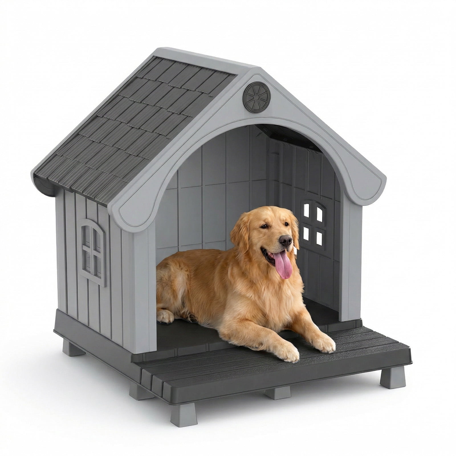 Fazzn Elevated Resin Dog House with Porch, Weatherproof Outdoor Pet Shelter for Small to Medium Dogs, Easy Assembly & Durable.Black