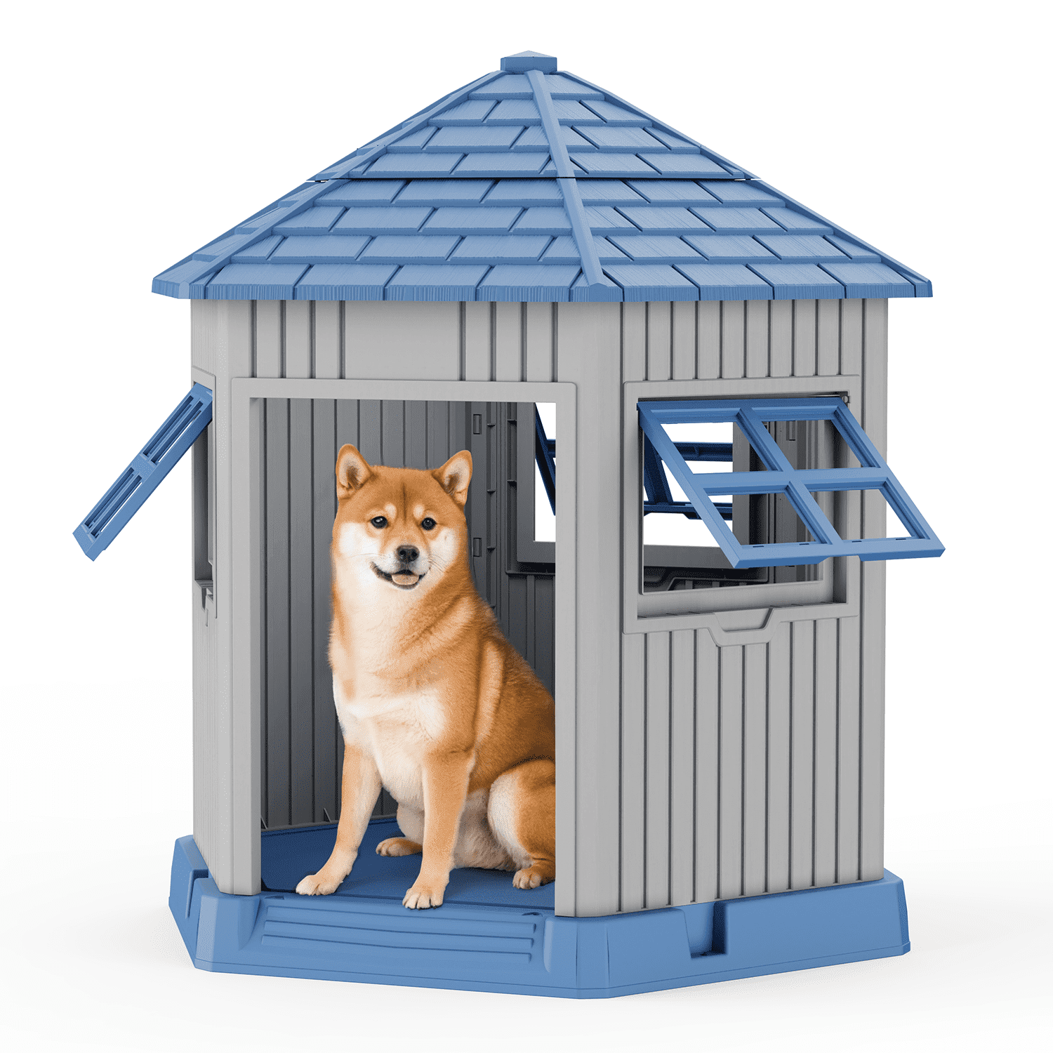 Fazzn Indoor/Outdoor Durable Large Dog Shelter with Outside Dog Kennel, Featuring a Window and Elevated Floor for Small and Medium Dogs.Blue
