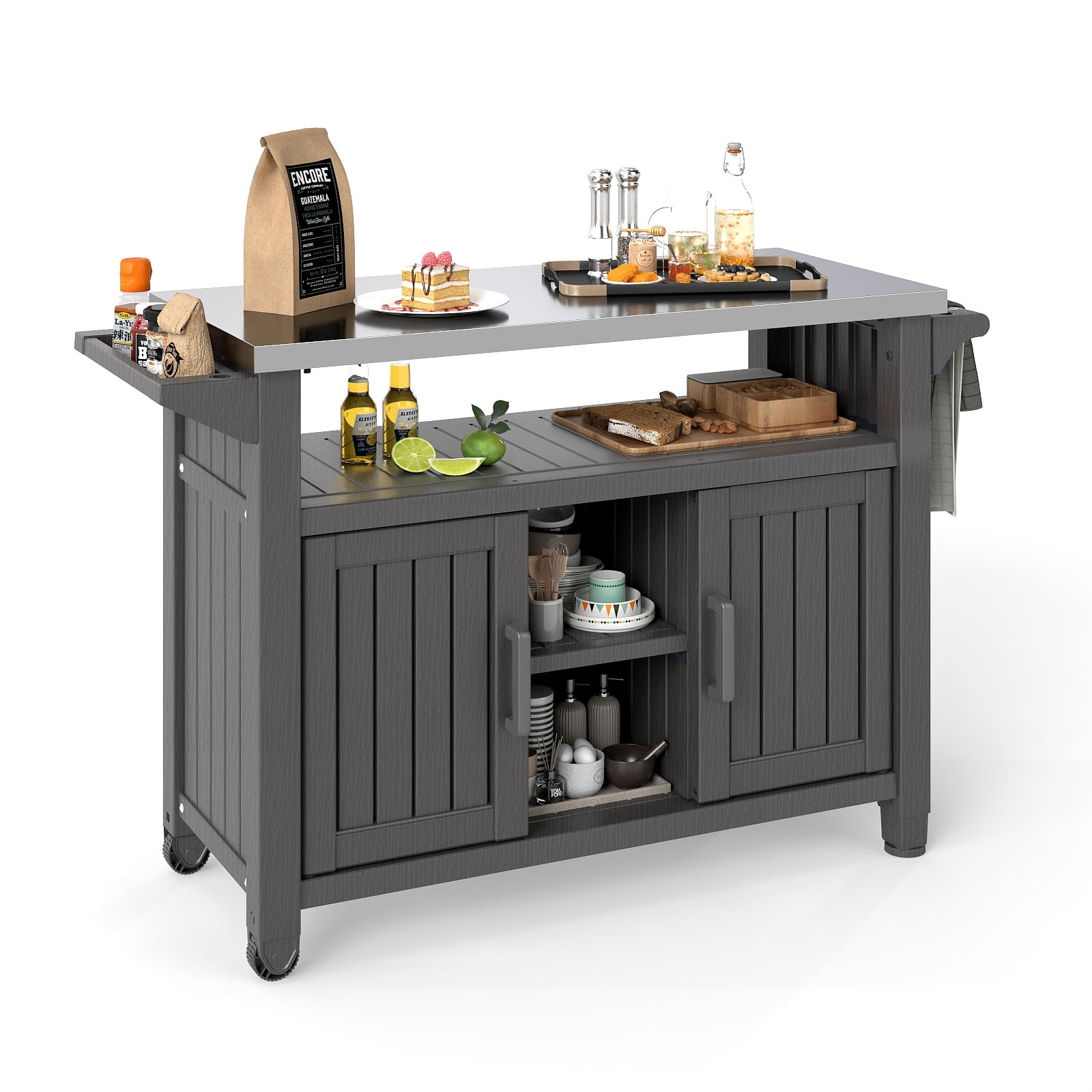 Fazzn Outdoor Rolling Table Cart for Food Prep, Storage, Bar & Grill, Black - Portable Kitchen Island Tabletop with Wheels for Drinks, Snacks, and Cooking
