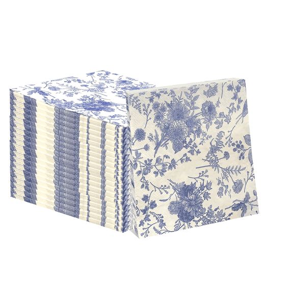 Fbasport 100 Pcs Blue and White Porcelain Floral Cocktail Napkins,Decorative Luncheon Napkins Disposable,Dessert Dinner Hand Napkin for Guests Holiday Wedding Bridal Baby Shower Birthday Party