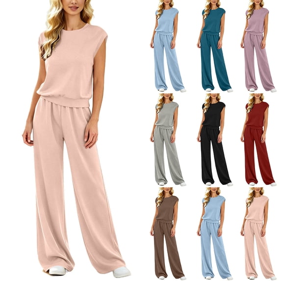 FchengtaiS 2 Piece Sets For Women Summer Outfits Lounge Sets Sleeveless Sweatsuits Wide Leg Tracksuits With Pockets