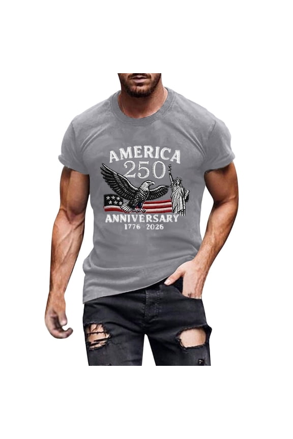 250th Anniversary USA Shirts for Men American Flag T-Shirt 4th of July Shirt Short Sleeve Crewneck Pullover Tops 250 Years Birthday Patriotic Tops Gray M