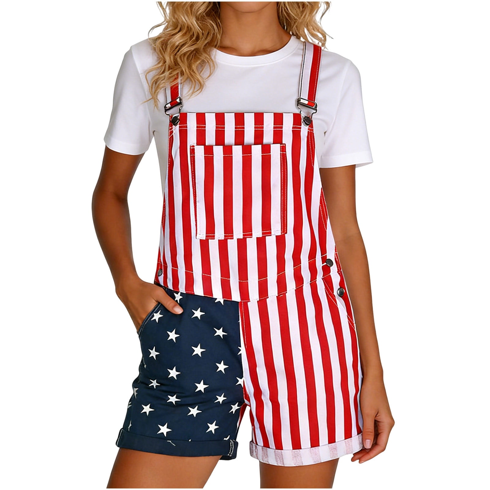 FchengtaiS American Flag Overalls Women Denim Bib Romper 4th of July Striped Stars Jumpsuit Shorts Independence Day Outfits