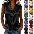 thumbnail image 1 of FchengtaiS Button Down Sleeveless Shirts Women Peter Pan Collar Satin Blouses Summer Business Casual Loose Tank Tops, 1 of 7