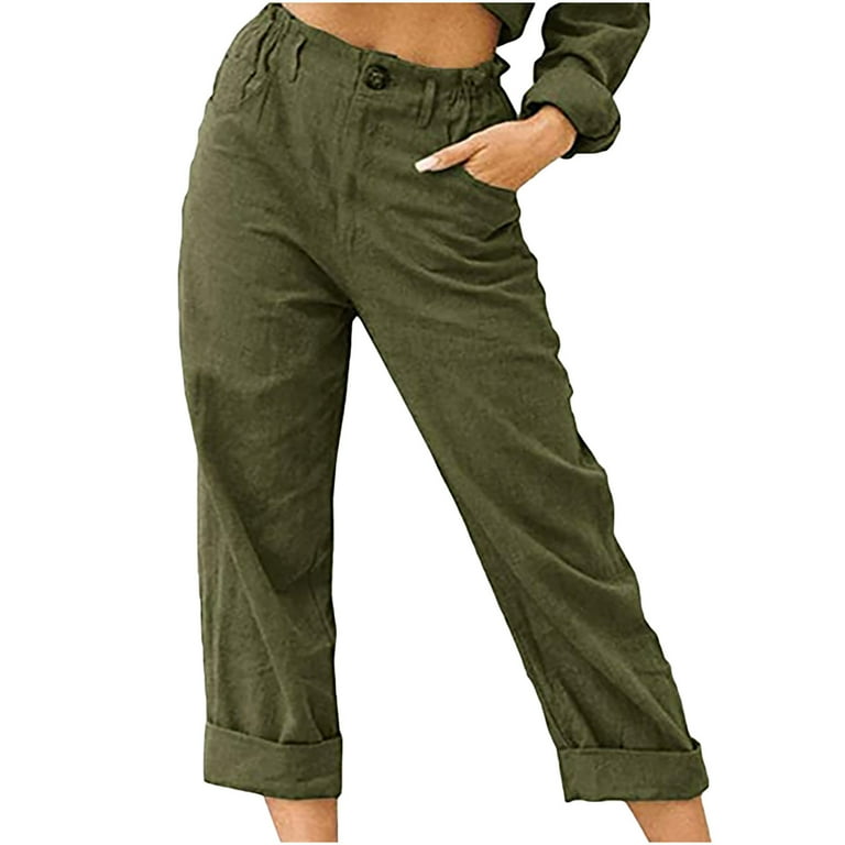 FchengtaiS Capri Pants For Women Women s Casual Classic Cotton Linen Cropped Pants Spring Summer Solid Color Trousers