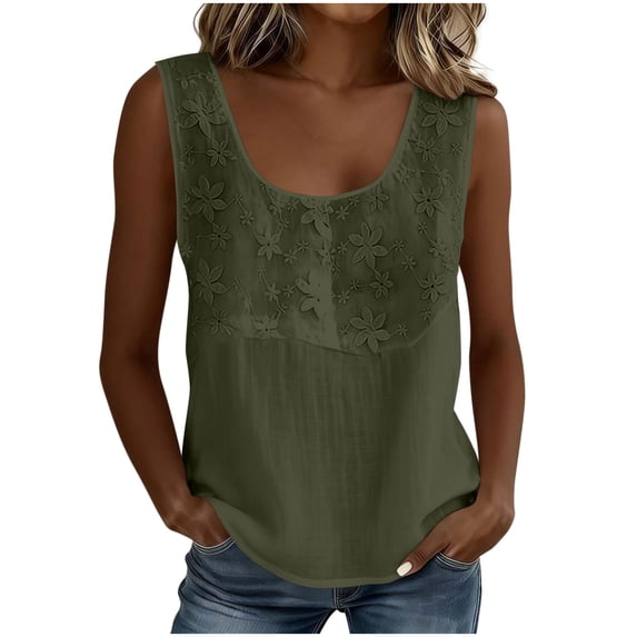 FchengtaiS Cotton Linen Tank Tops for Women Floral Embroidered U Neck Sleeveless Shirts Summer Casual Loose Boho Blouses