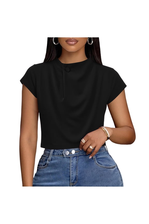 Crop Tops for Women Short Sleeve Mock Neck T Shirts Y2k Cute One Button Tee Shirt