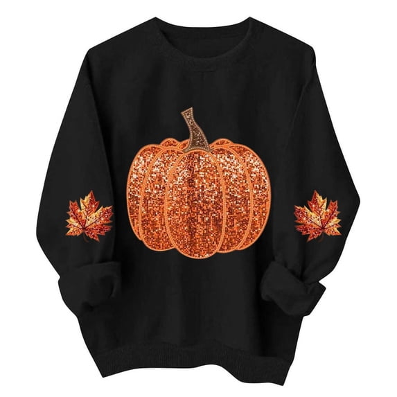 FchengtaiS Fall Pumpkin Printed Sweatshirt for Women Long Sleeve Fleece Pullovers Tops Halloween Thanksgiving Shirt
