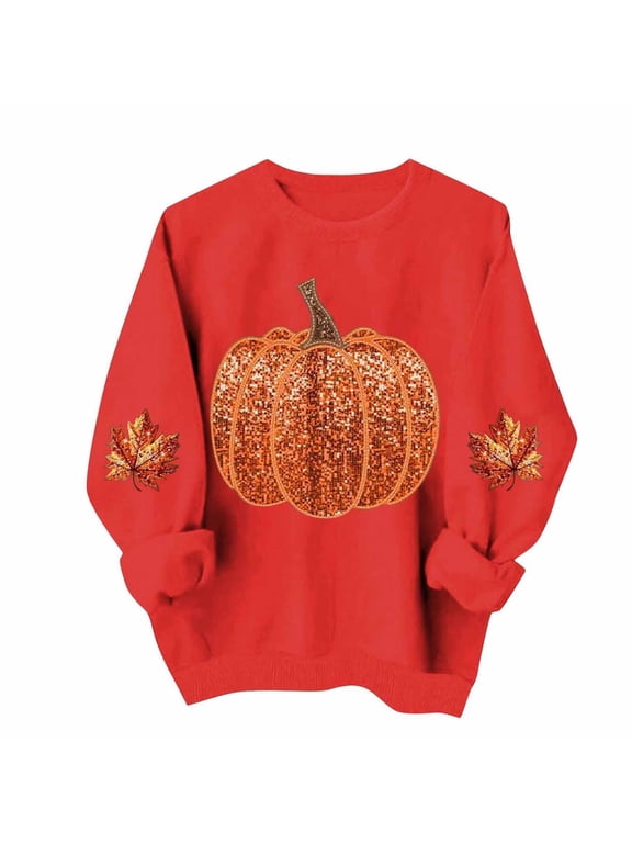 Fall Pumpkin Printed Sweatshirt for Women Long Sleeve Fleece Pullovers Tops Halloween Thanksgiving Shirt