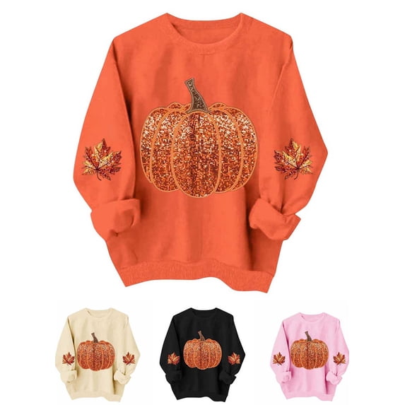 FchengtaiS Fall Pumpkin Printed Sweatshirt for Women Long Sleeve Fleece Pullovers Tops Halloween Thanksgiving Shirt