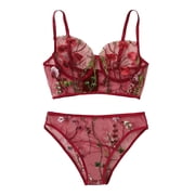 FchengtaiS Floral Embroidered Mesh Sheer Lingerie Set Women Sexy Underwire Push Up Strappy Bra See Through Panty