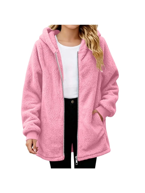 Girls Sherpa Fleece Jacket Plush Fuzzy Full Zip Coat Fall Winter Warm Outerwear with Pockets Size 5-14