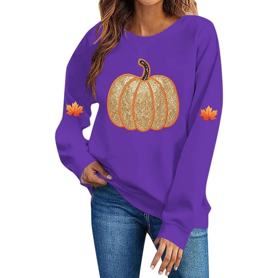 FchengtaiS Halloween Fall Shirts for Women Cute Shinny Pumpkin Graphic Sweatshirt Thanksgiving Tshirts
