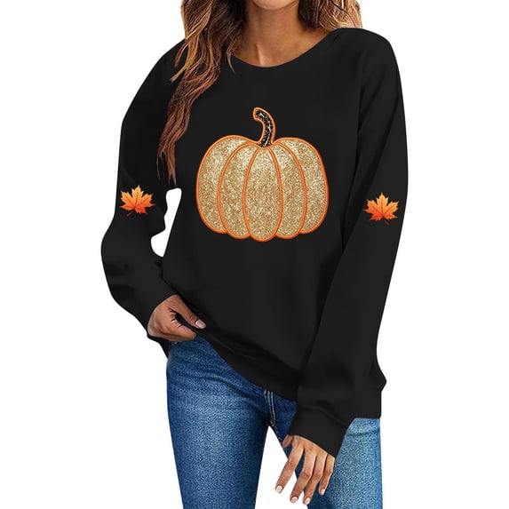 FchengtaiS Halloween Fall Shirts for Women Cute Shinny Pumpkin Graphic Sweatshirt Thanksgiving Tshirts