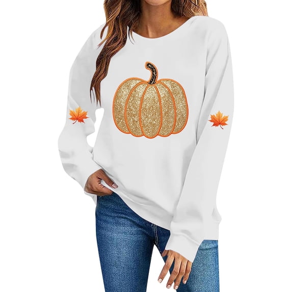FchengtaiS Halloween Fall Shirts for Women Cute Shinny Pumpkin Graphic Sweatshirt Thanksgiving Tshirts