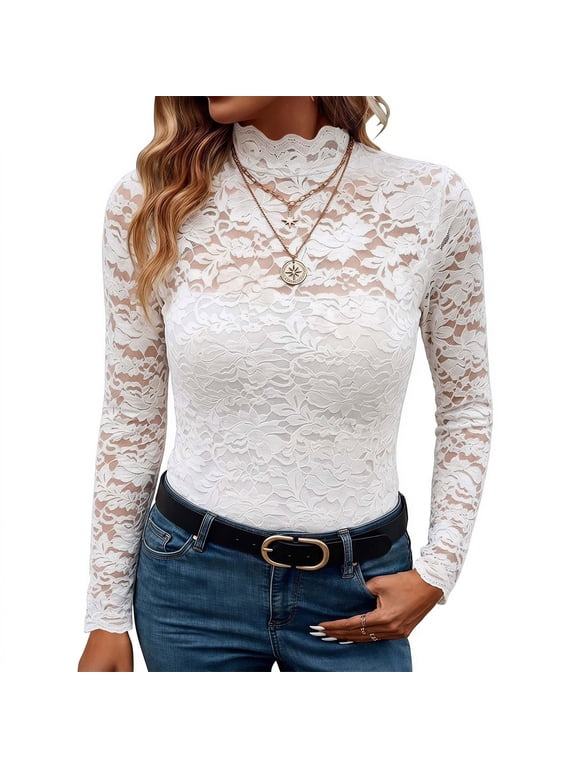 Lace Mesh Sheer Long Sleeve Tops for Women Mock Neck Slim Fitted Blouse Soft Stretchy Elegant Shirts