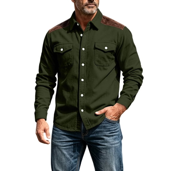 FchengtaiS Men's Corduroy Patchwork Shacket Long Sleeve Button Down Turndown Collar Shirts Jacket Fall Winter Daily Tops