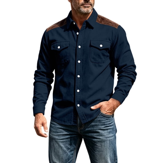 FchengtaiS Men's Corduroy Patchwork Shacket Long Sleeve Button Down Turndown Collar Shirts Jacket Fall Winter Daily Tops