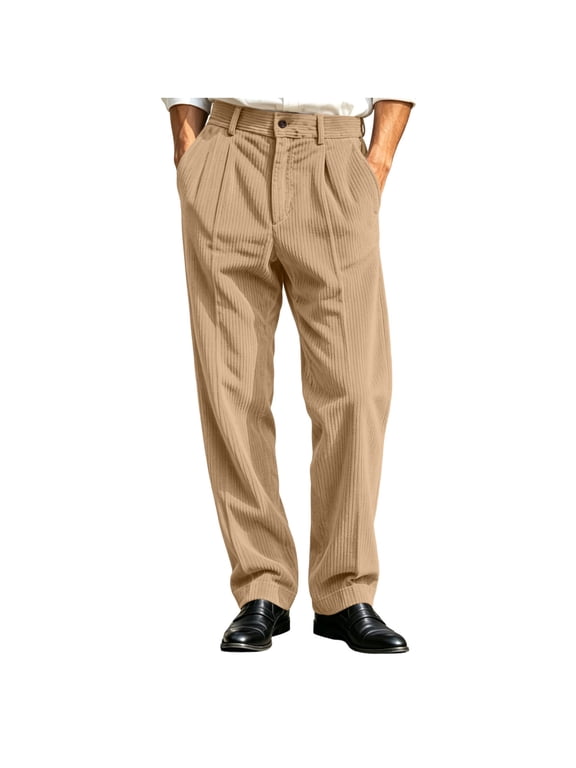Men's Corduroy Textured Dress Pants Straight Leg Button Zip Fly Slacks Business Commute Casual Trousers with Pocket