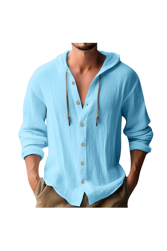 Men's Cotton Linen Hoodies Casual Button Down Long Sleeve Hooded Shirt Beach Hippie T Shirt Loose Roll-Up Sleeve Summer Fall Tops with Hood