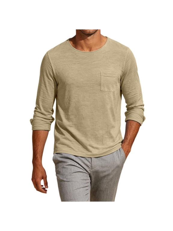 Men's Crew Neck Shirts Long Sleeve Regular Fit Pullover Tops Solid Color Casual Base Undershirts with Pocket