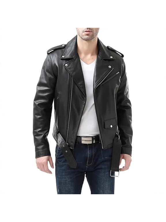 Men's Faux Leather Bomber Jacket Lapel Asymmetric Zip Up Windbreaker Motorcycle Slim Fit Biker Coat with Belt