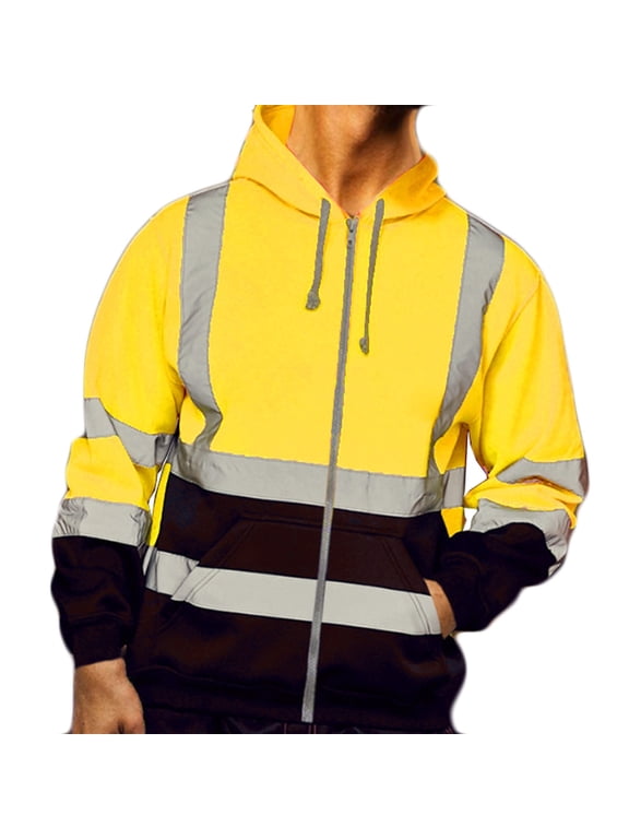Men's Fleece Safety Hoodie Jacket High Vis Reflective Long Sleeve Full Zip Sweatshirt Sanitation Road Workwear for Cold Weather