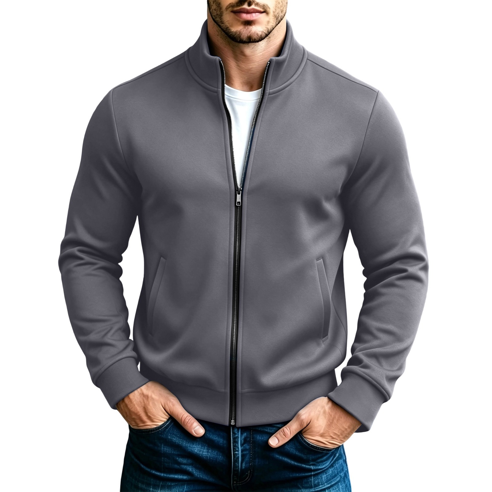FchengtaiS Men's Full Zip Fleece Jackets Long Sleeve Stand Collar Sweatshirts No Hood Casual Warm Daily Comfort Coat
