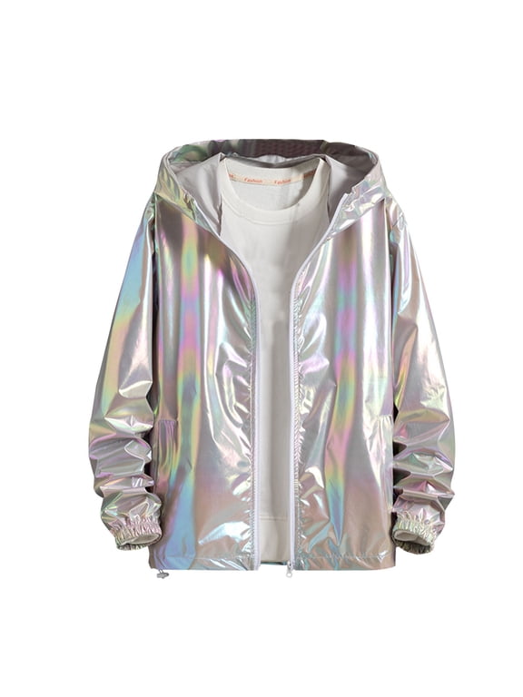 Men's Metallic Jacket Zip Up Holographic Shiny Long Sleeve Hooded Coat Lightweight Windbreaker for Festival Rave