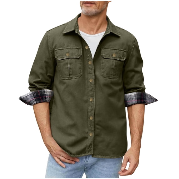 FchengtaiS Men's Plaid Lined Cargo Jackets Button Down Long Sleeve Collared Coat Lightweight Casual Work Outerwear with Pocket