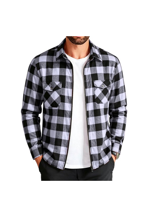 Men's Plaid Turn Down Collar Shackets Long Sleeve Full Zip Shirts Jacket Fashion Casual Daily Outerwear