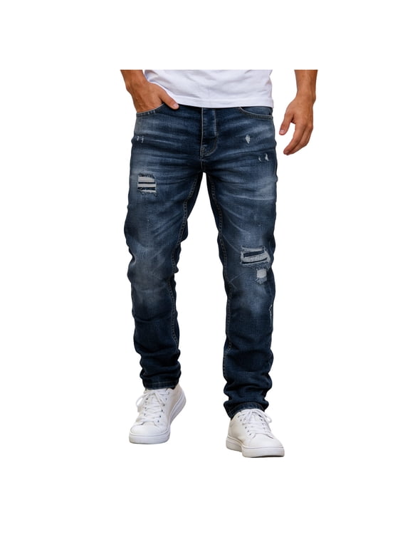 Men's Ripped Jeans Straight Leg Button Zip Fly Denim Pants Casual Fashion Trousers for Outdoor Streetwear