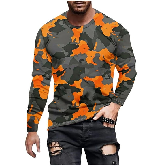FchengtaiS Mens Long Sleeve Camo Shirts Casual Stylish Camouflage Print Workout Athletic T-shirt Crewneck Loose Fit Pullover Tees