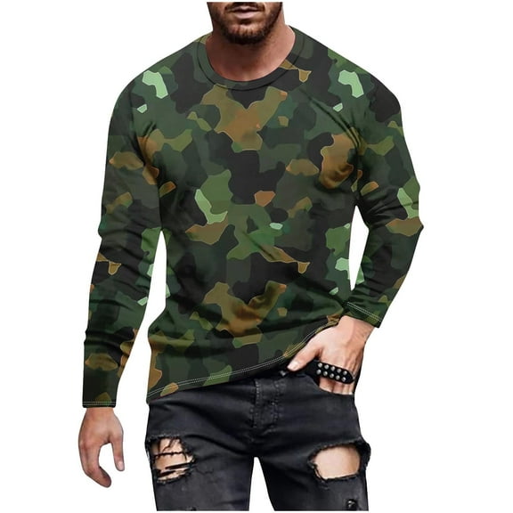 FchengtaiS Mens Long Sleeve Camo Shirts Casual Stylish Camouflage Print Workout Athletic T-shirt Crewneck Loose Fit Pullover Tees