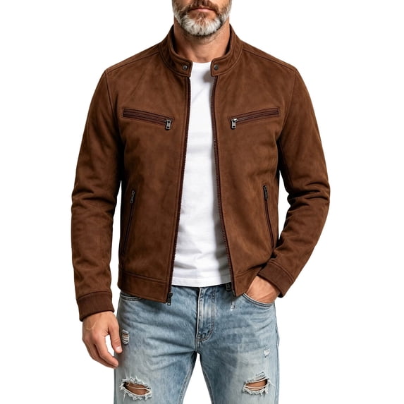 FchengtaiS Mens Suede Bomber Jacket Stand Collar Zip Up Wind Resistant Jacket Winter Warm Outerwear with Multi Zipper Pockets