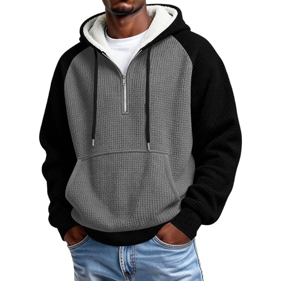 FchengtaiS Mens Waffle Knit Textured Hoodies Sherpa Lined Raglan Sleeve Sweatshirts Colorblock Pullover Tops for Fall Winter
